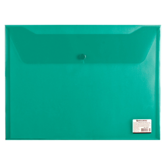 Папка-конверт с кнопкой BRAUBERG А4, прозрачная, зеленая, до 100 листов, 0,15мм, 221635